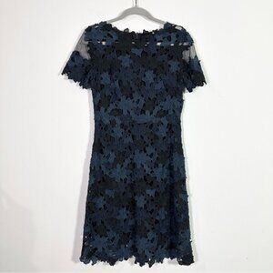 Elie Tahari Navy Blue Black Short Sleeve Embroidered Floral Lace Dress